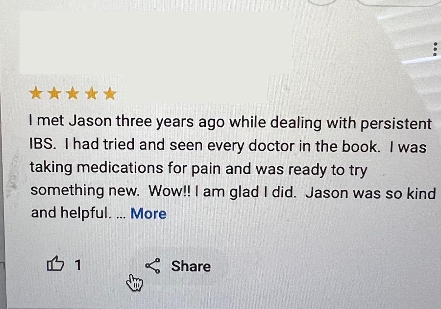 Five-star Google review from a client who had seen every doctor and was taking pain medication for persistent IBS before trying hypnotherapy.