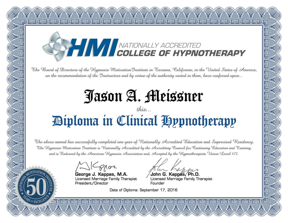 Diploma from the Hypnosis Motivation Institute, nationally accredited College of Hypnotherapy, conferring the Diploma in Clinical Hypnotherapy on Jason A. Meissner, dated September 17 2016.